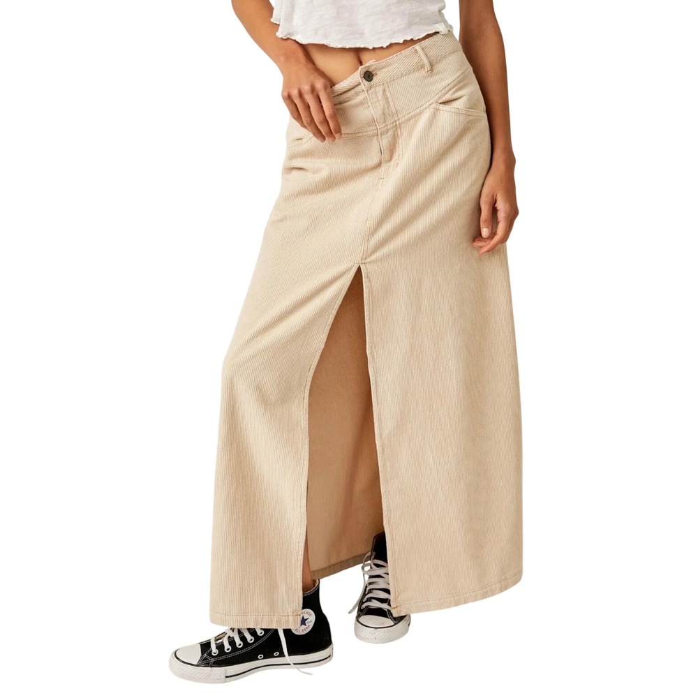 We The Free Free People Corduroy Maxi Skirt Cream Beige Front Slit Size 4
